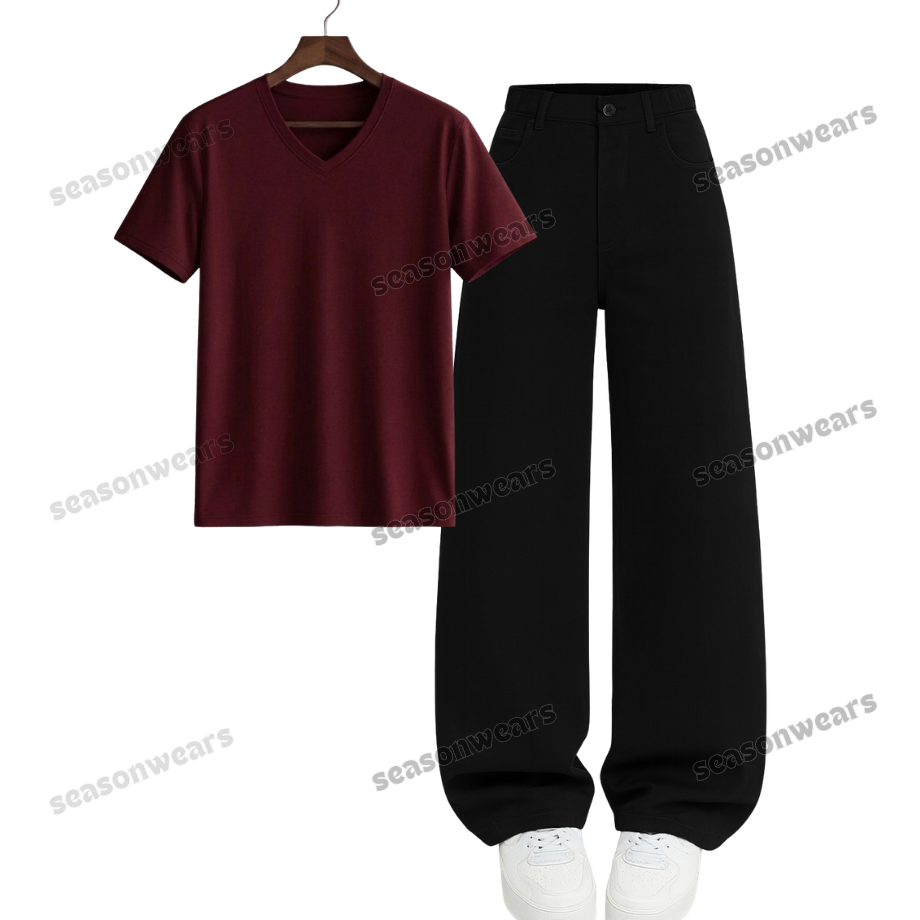 V-Neck Tee With Black Wide Leg Jeans