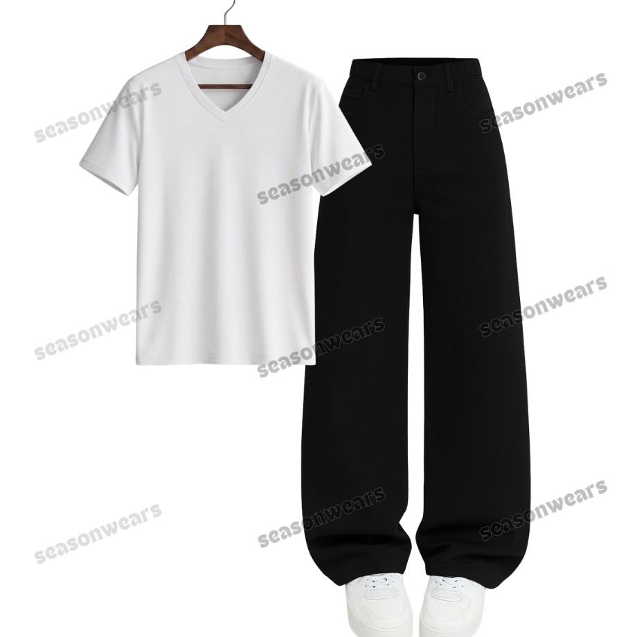 V-Neck Tee With Black Wide Leg Jeans