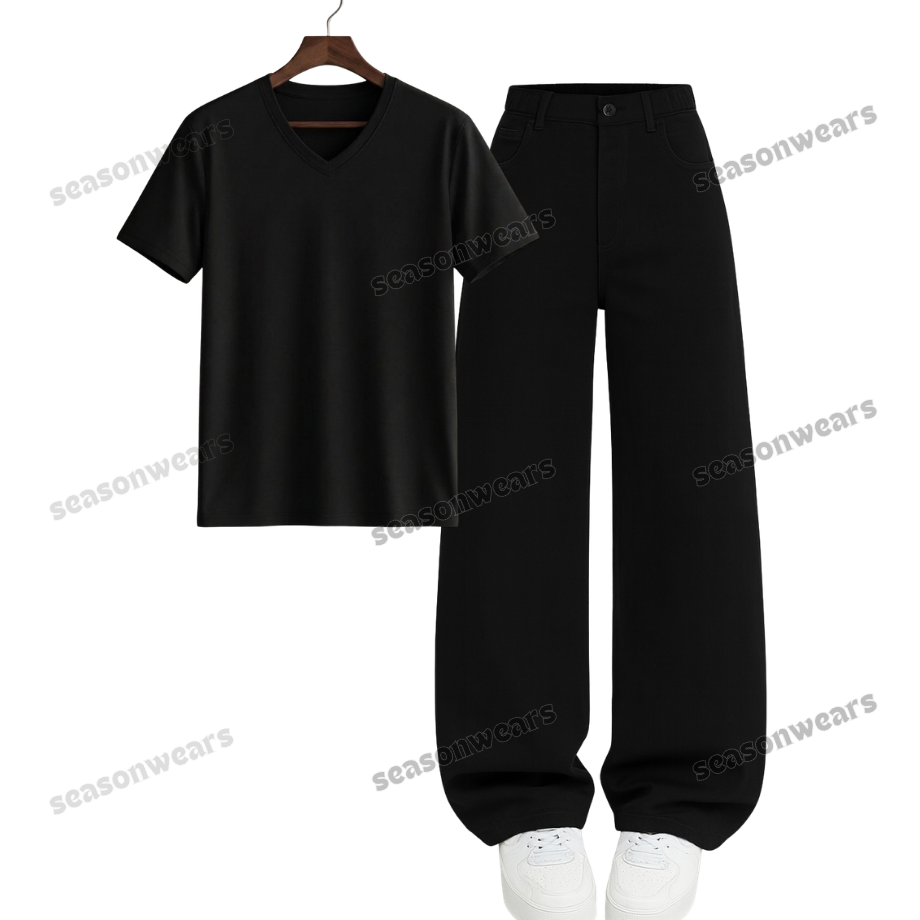 V-Neck Tee With Black Wide Leg Jeans