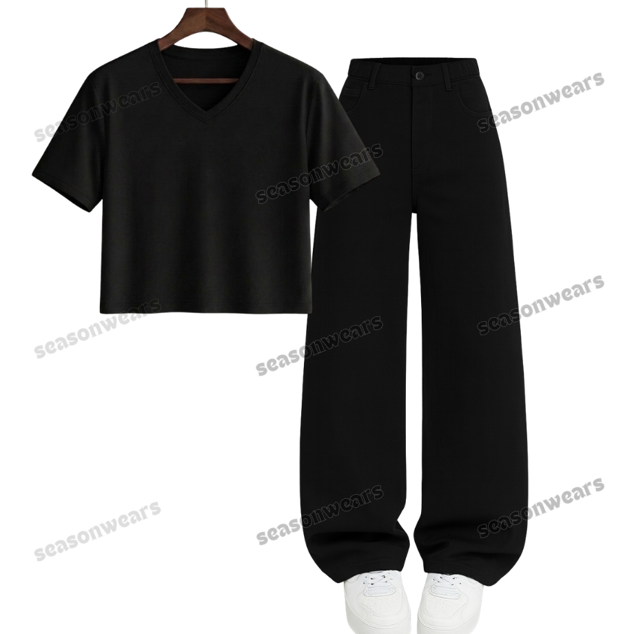 Crop V-Neck Tee With Black Wide Leg Jeans