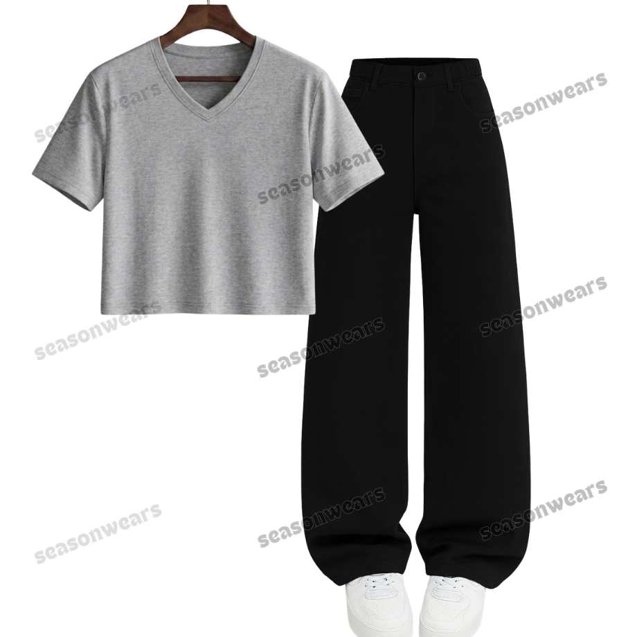 Crop V-Neck Tee With Black Wide Leg Jeans
