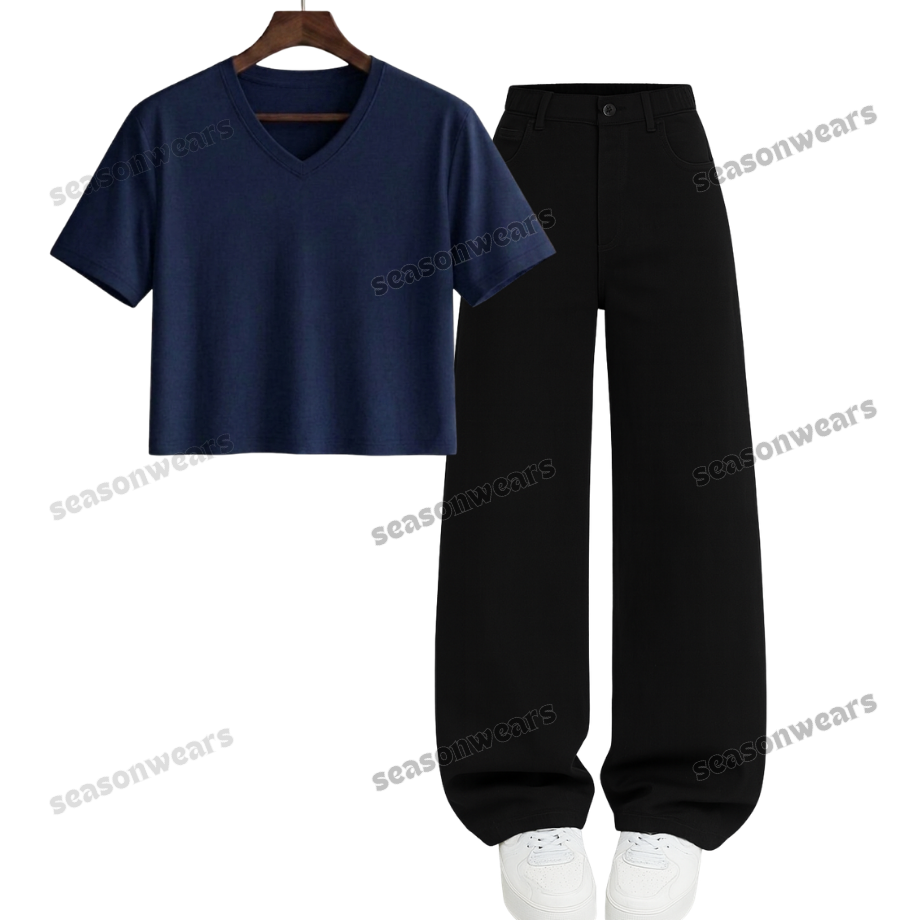 Crop V-Neck Tee With Black Wide Leg Jeans