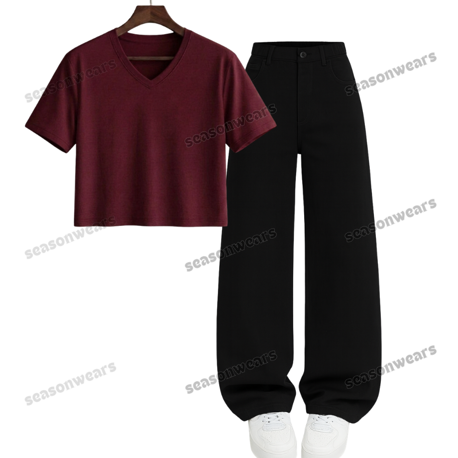 Crop V-Neck Tee With Black Wide Leg Jeans