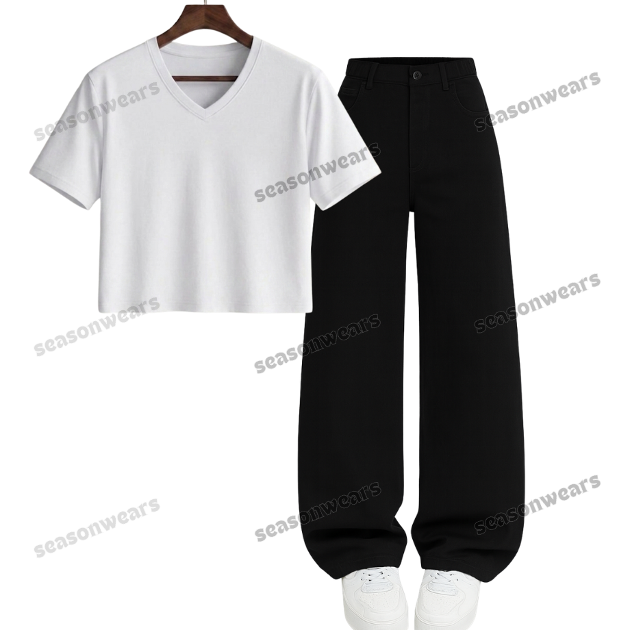 Crop V-Neck Tee With Black Wide Leg Jeans