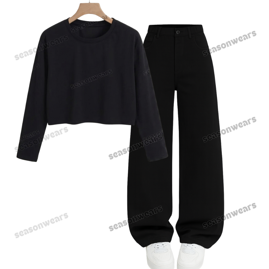 Crop Full Sleeves Tee With Black Wide Leg Jeans