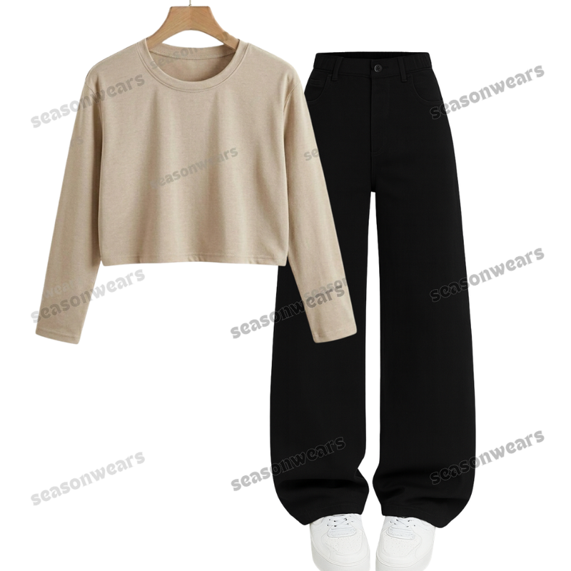 Crop Full Sleeves Tee With Black Wide Leg Jeans