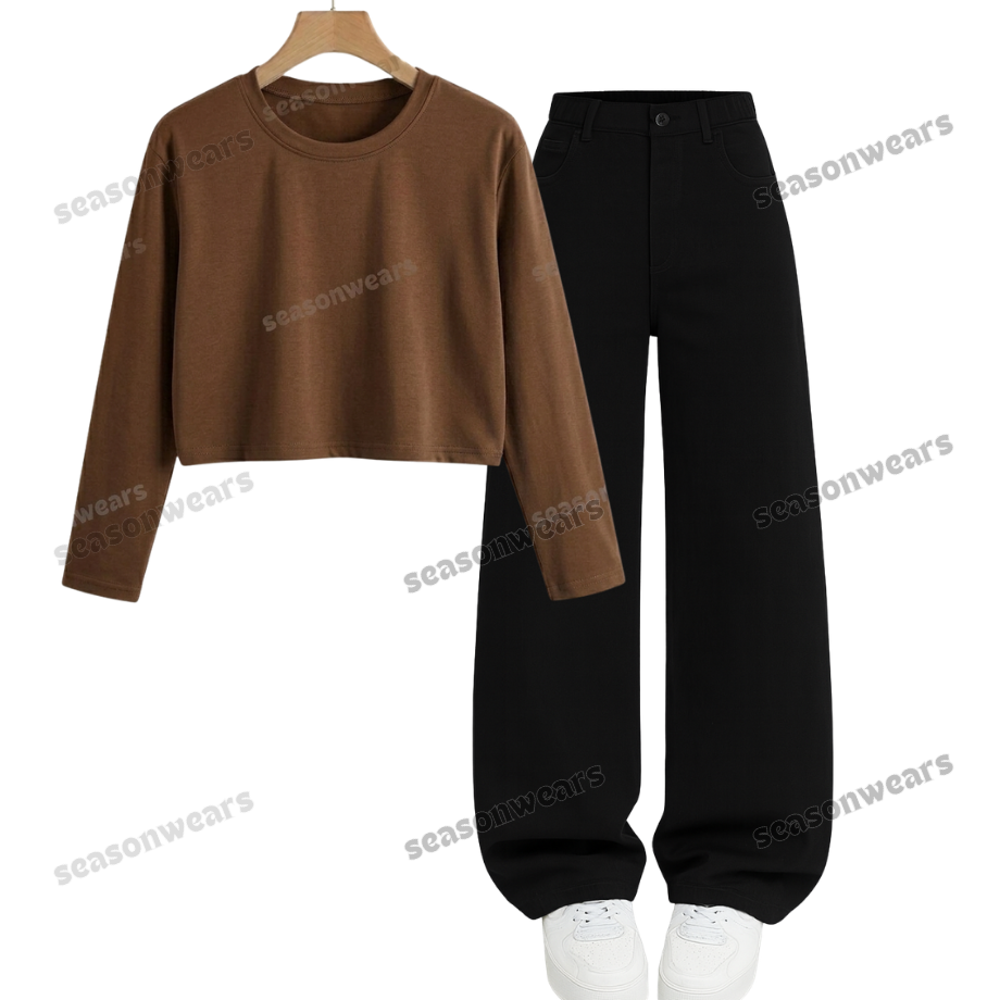 Crop Full Sleeves Tee With Black Wide Leg Jeans