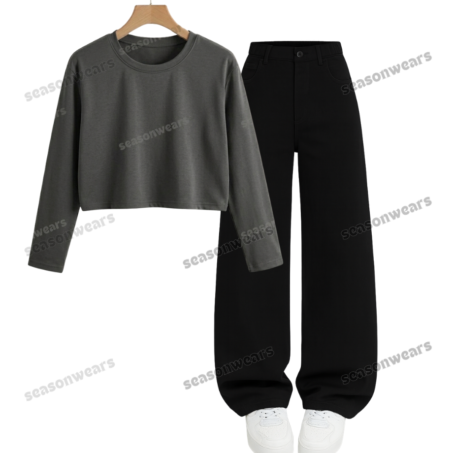 Crop Full Sleeves Tee With Black Wide Leg Jeans