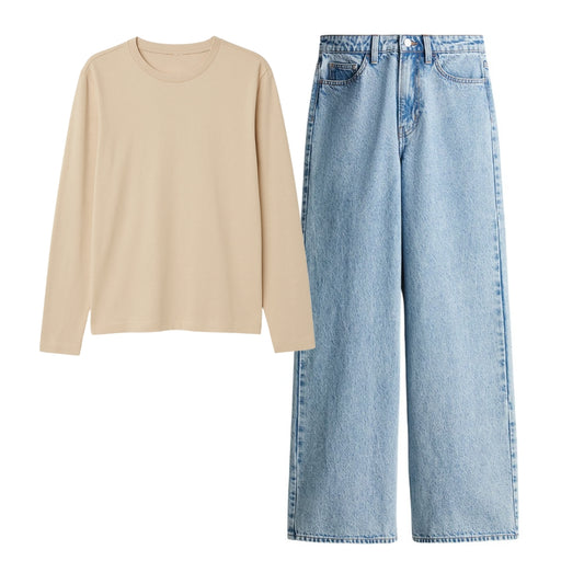 Cream Full Sleeves T-Shirt With Ice Blue Jeans
