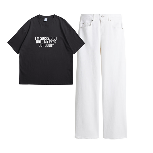 Wide Leg Jeans With Charcaol Grey Rolling My Eyes Oversized Tee