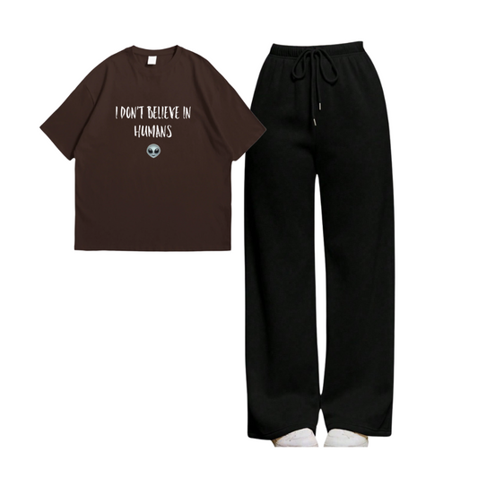 I Don't Believe In Human Oversize Tee With Black Straight Leg Trouser