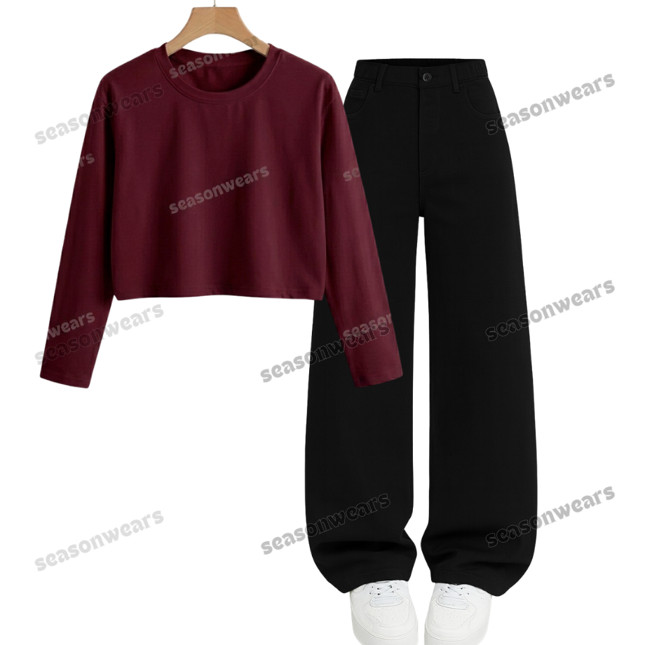 Crop Full Sleeves Tee With Black Wide Leg Jeans