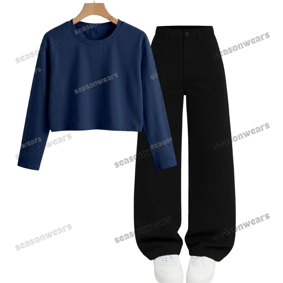 Crop Full Sleeves Tee With Black Wide Leg Jeans