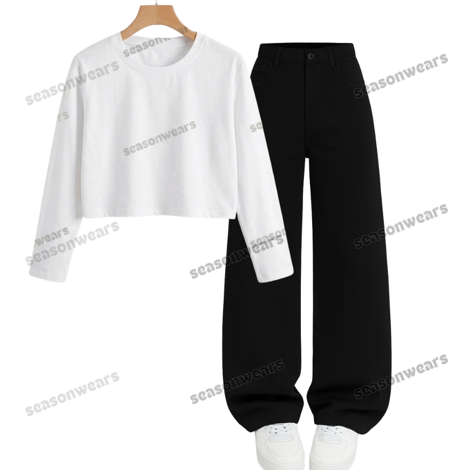 Crop Full Sleeves Tee With Black Wide Leg Jeans