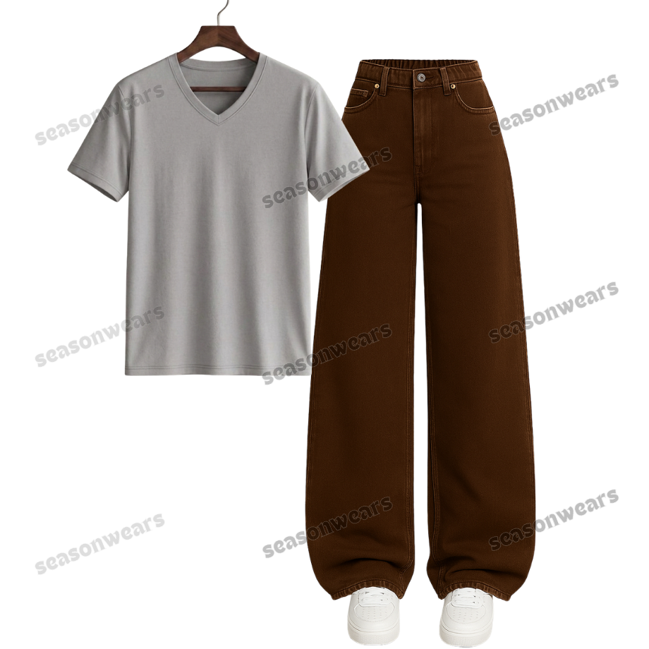 V-Neck Tee With Brown Wide Leg Jeans