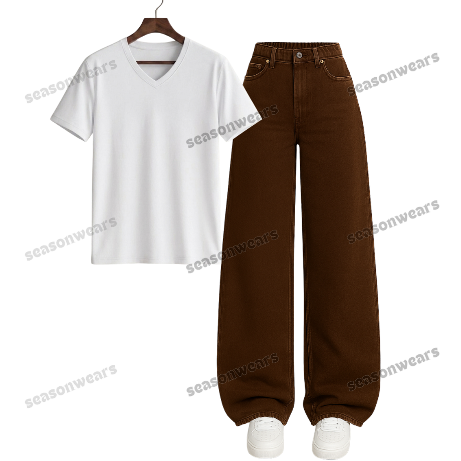 V-Neck Tee With Brown Wide Leg Jeans