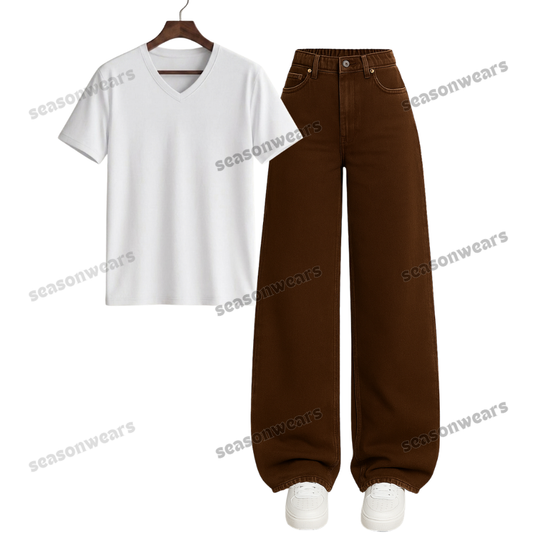 V-Neck Tee With Brown Wide Leg Jeans