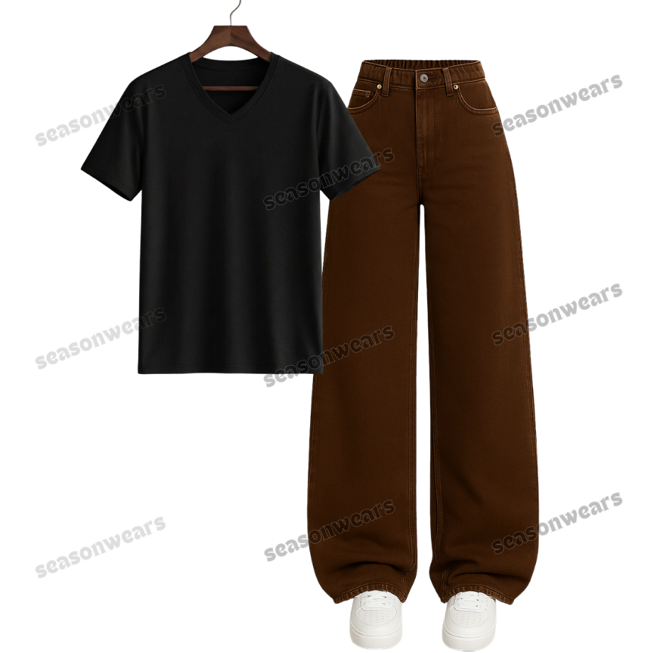 V-Neck Tee With Brown Wide Leg Jeans