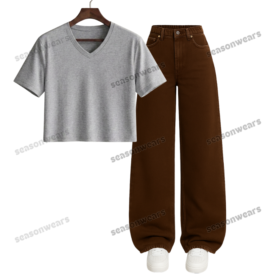 Crop V-Neck Tee With Brown Wide Leg Jeans