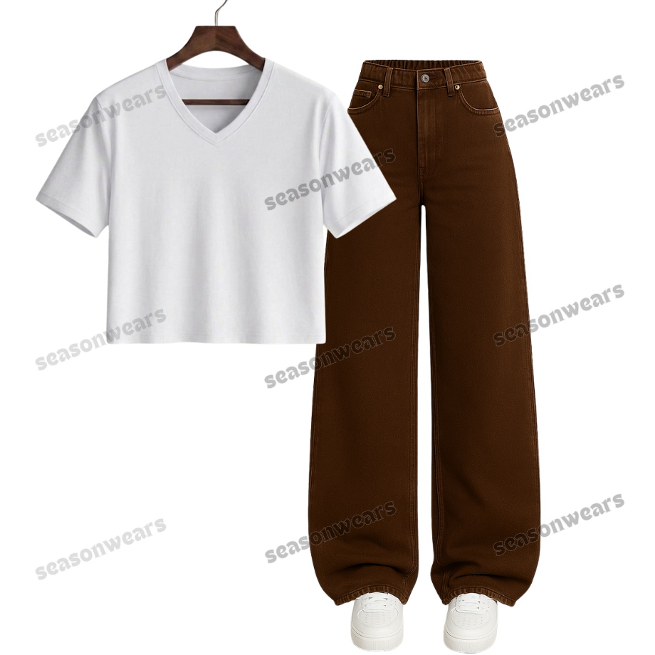 Crop V-Neck Tee With Brown Wide Leg Jeans