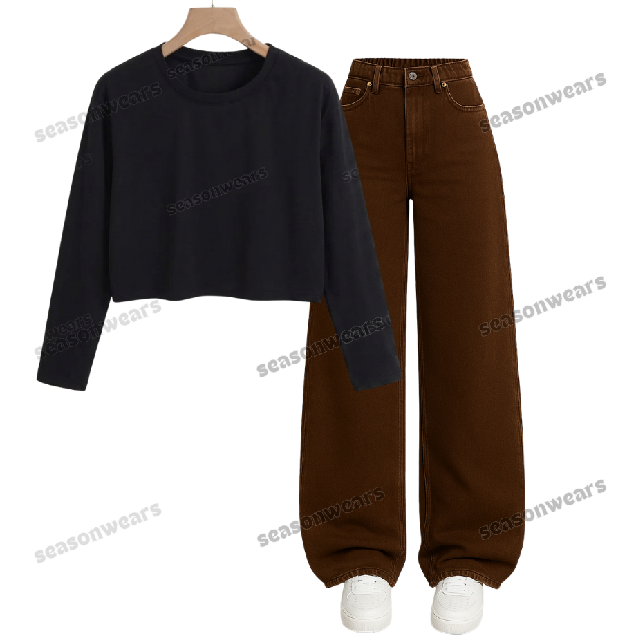 Crop Full Sleeves Tee With Brown Wide Leg Jeans