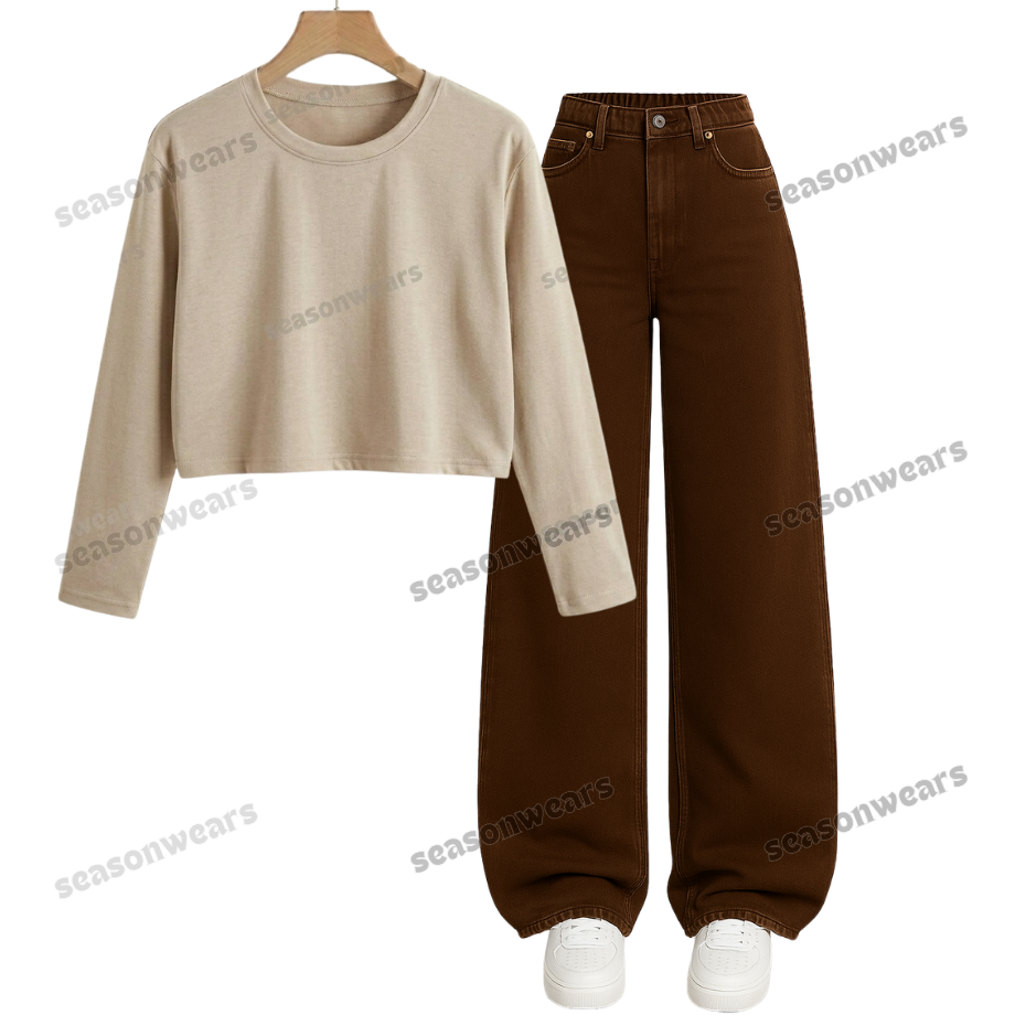 Crop Full Sleeves Tee With Brown Wide Leg Jeans