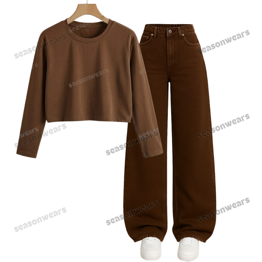 Crop Full Sleeves Tee With Brown Wide Leg Jeans