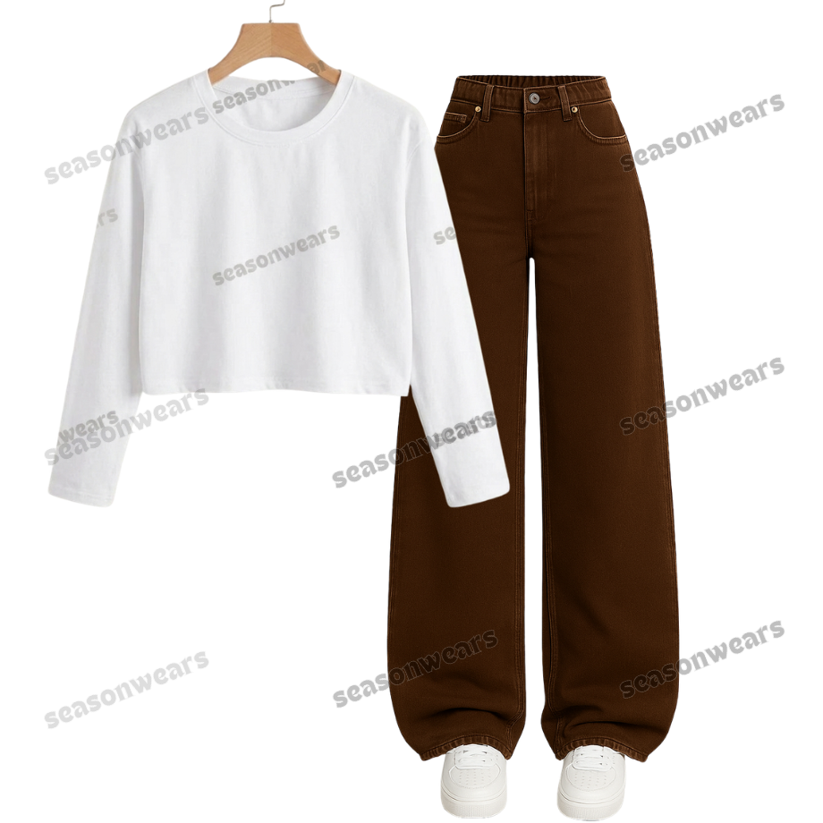 Crop Full Sleeves Tee With Brown Wide Leg Jeans