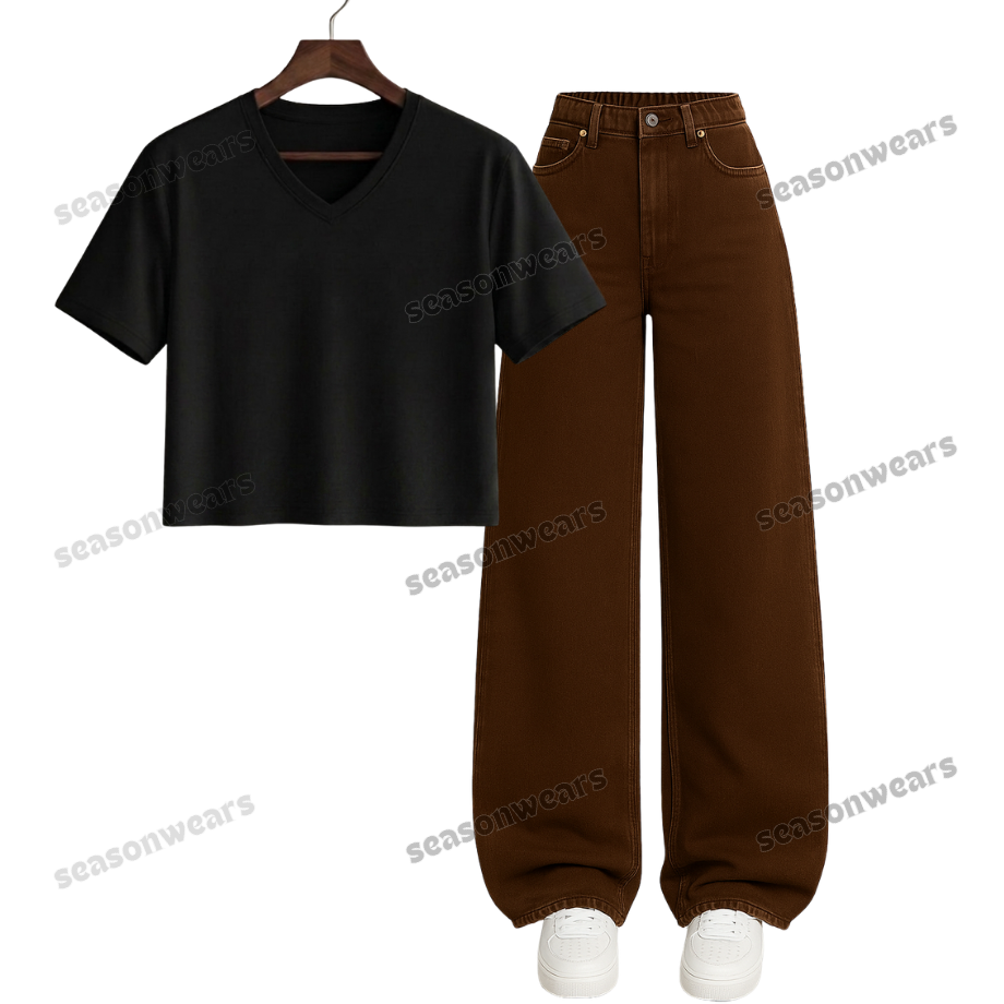 Crop V-Neck Tee With Brown Wide Leg Jeans