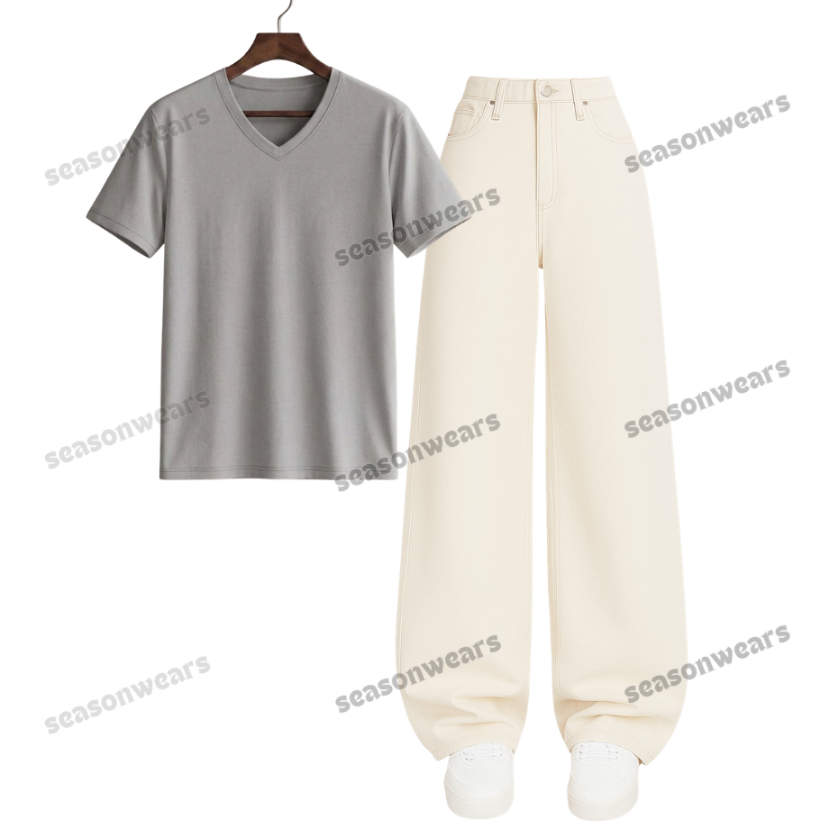 V-Neck Tee With Beige Wide Leg Jeans