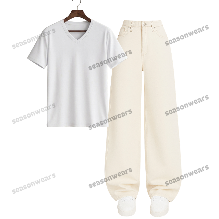 V-Neck Tee With Beige Wide Leg Jeans