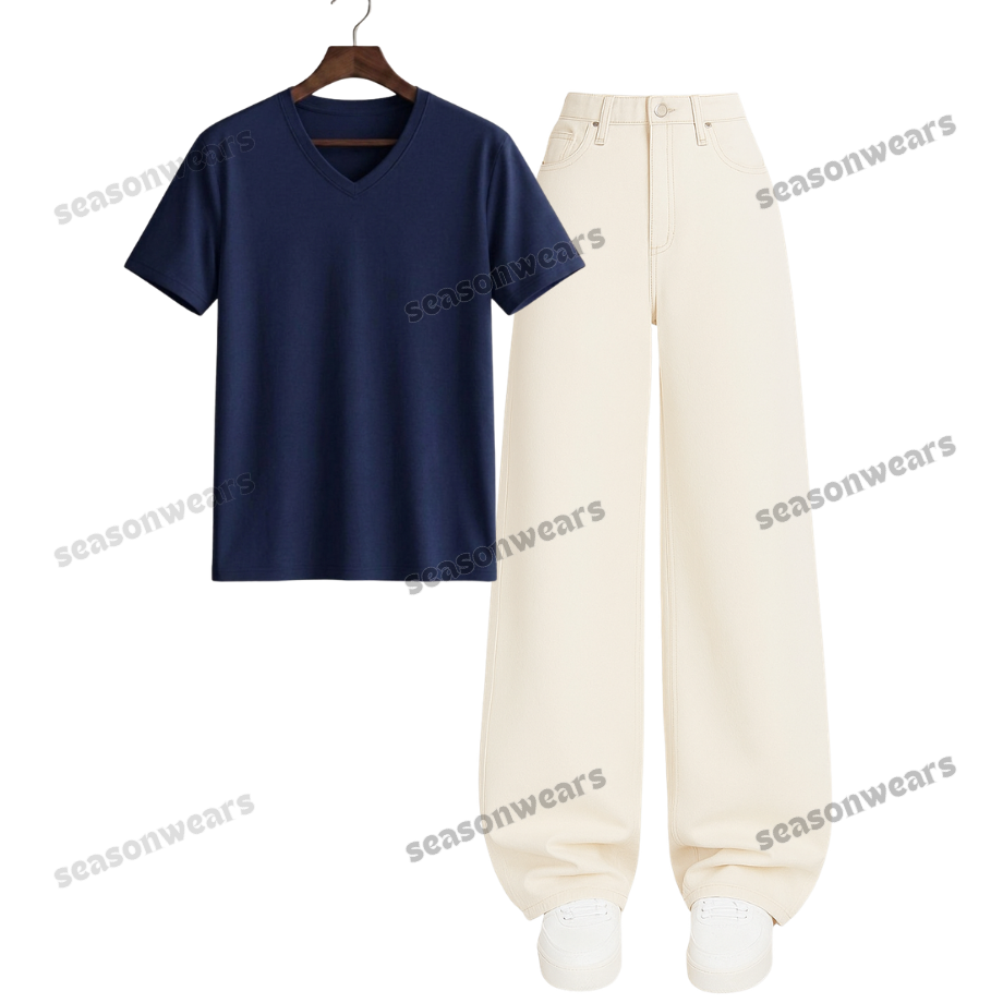 V-Neck Tee With Beige Wide Leg Jeans