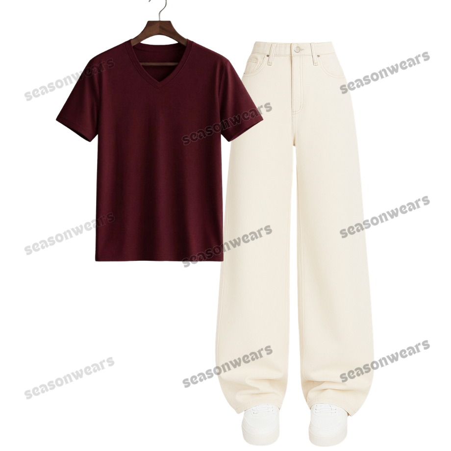 V-Neck Tee With Beige Wide Leg Jeans