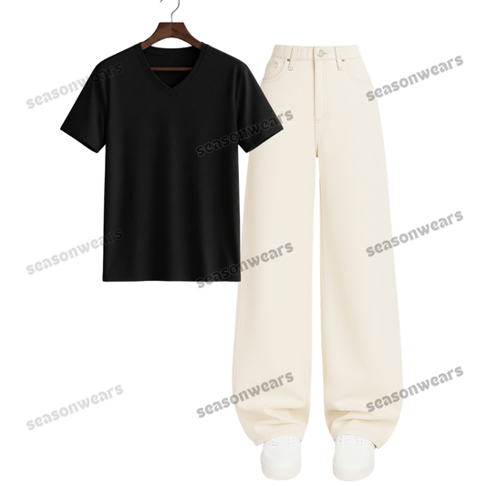 V-Neck Tee With Beige Wide Leg Jeans