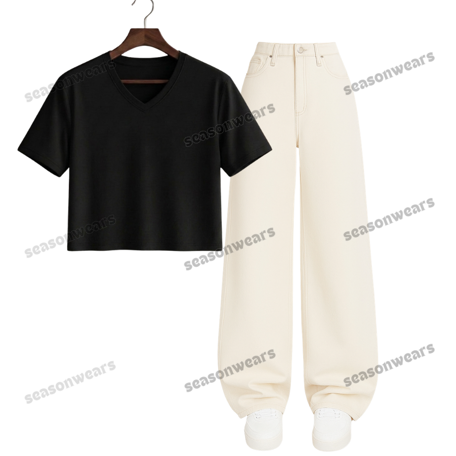 Crop V-Neck Tee With Beige Wide Leg Jeans