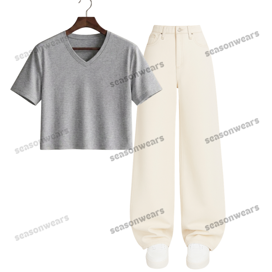 Crop V-Neck Tee With Beige Wide Leg Jeans
