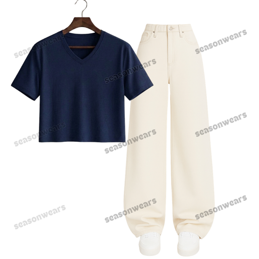 Crop V-Neck Tee With Beige Wide Leg Jeans