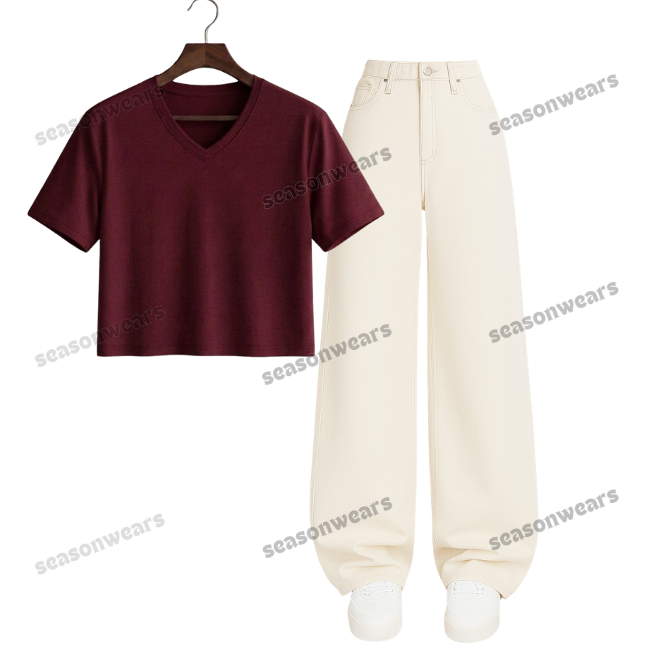 Crop V-Neck Tee With Beige Wide Leg Jeans