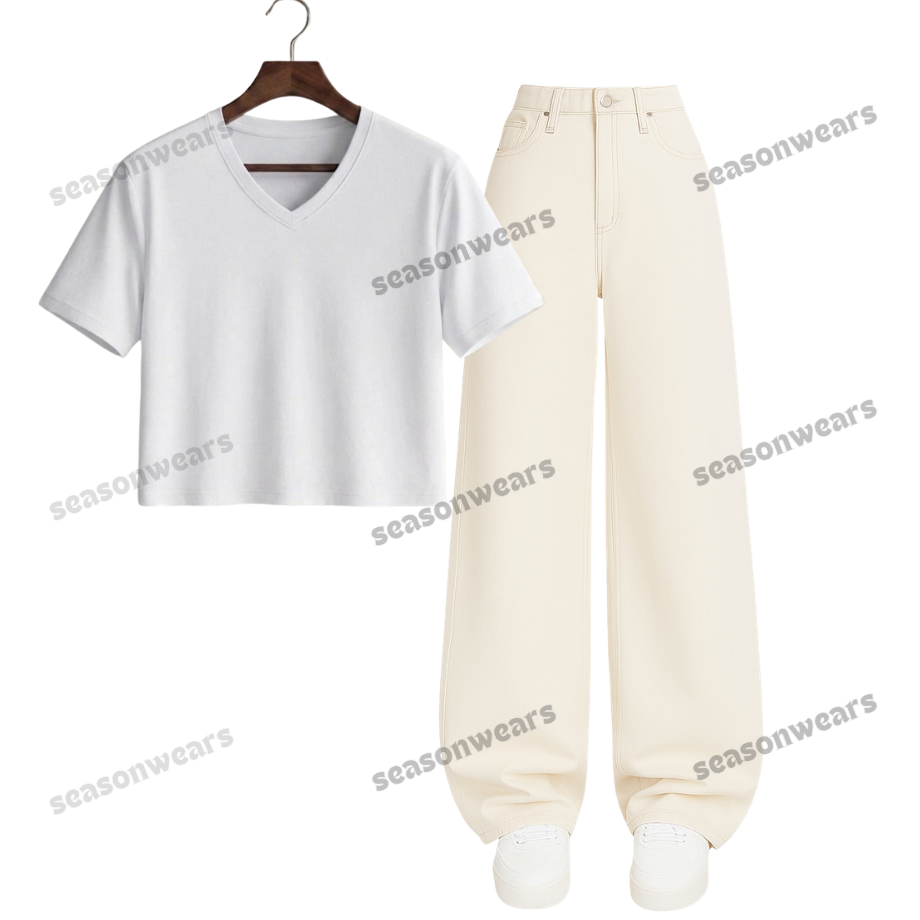 Crop V-Neck Tee With Beige Wide Leg Jeans
