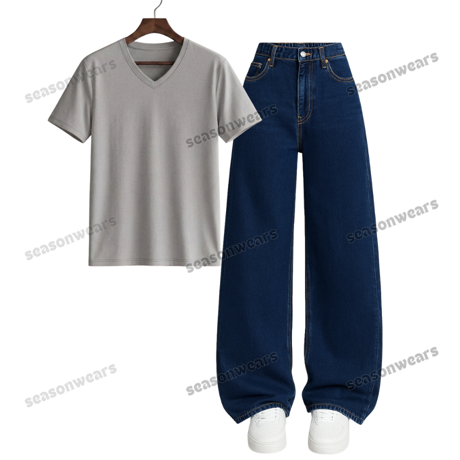 V-Neck Tee With Darkblue Wide Leg Jeans