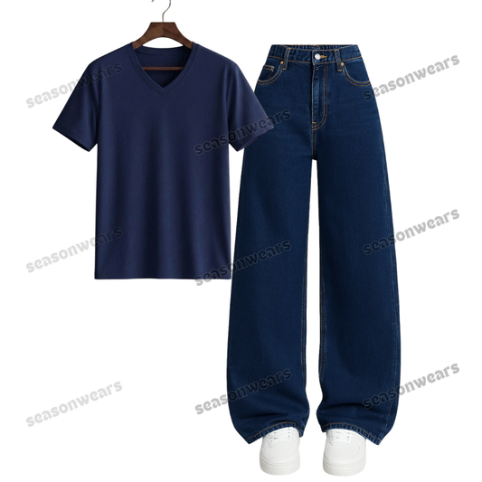V-Neck Tee With Darkblue Wide Leg Jeans