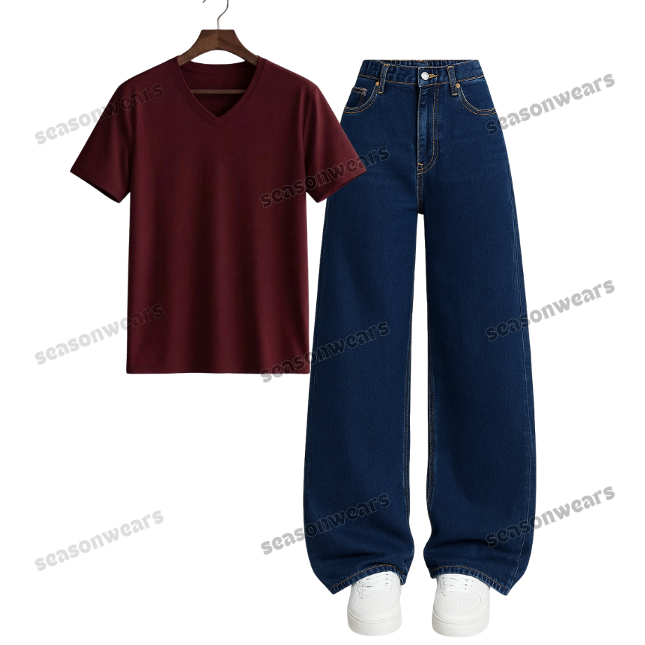 V-Neck Tee With Darkblue Wide Leg Jeans