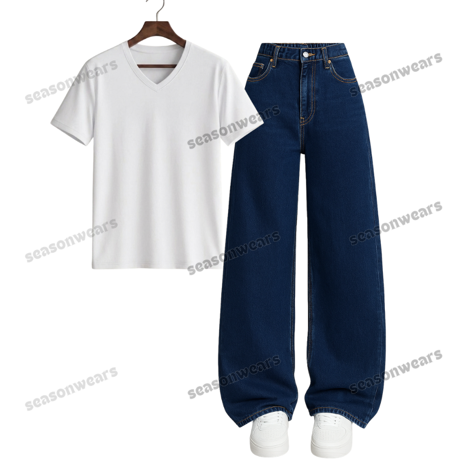 V-Neck Tee With Darkblue Wide Leg Jeans
