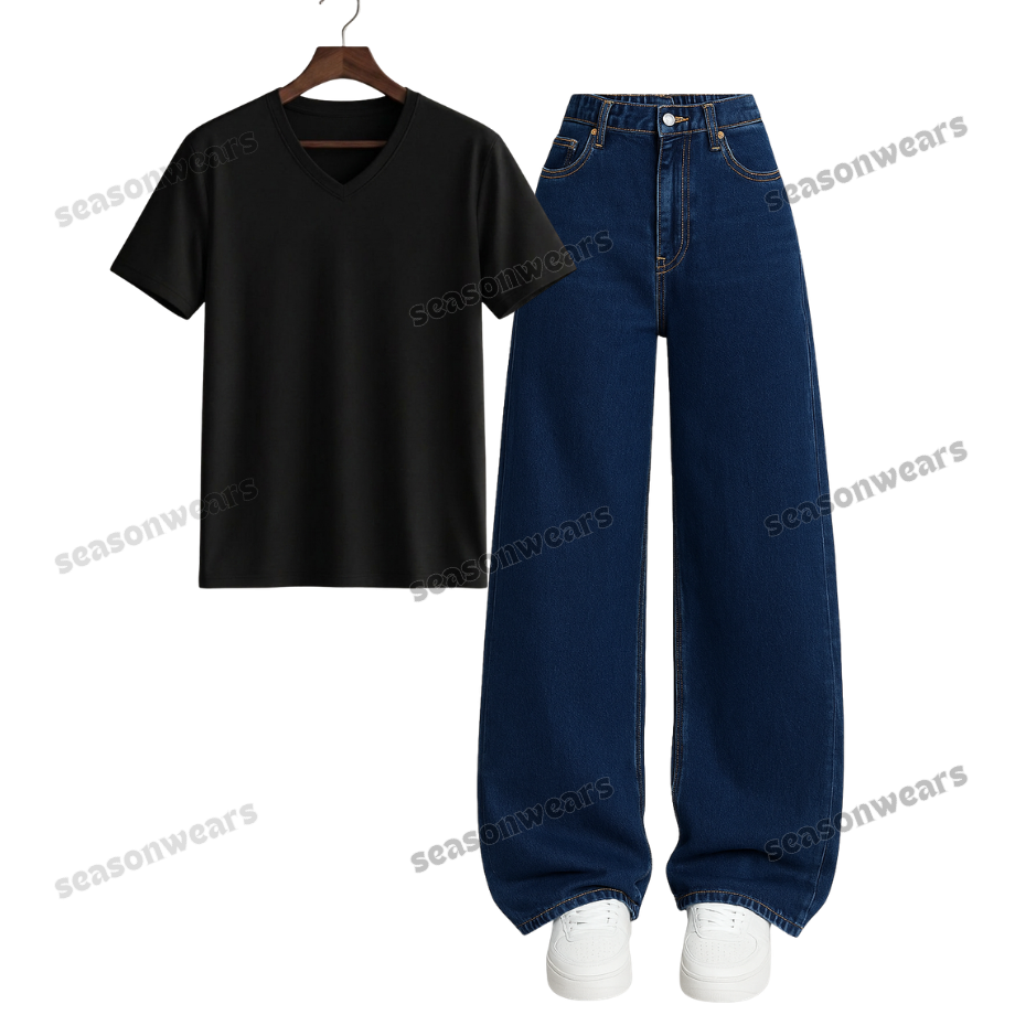 V-Neck Tee With Darkblue Wide Leg Jeans