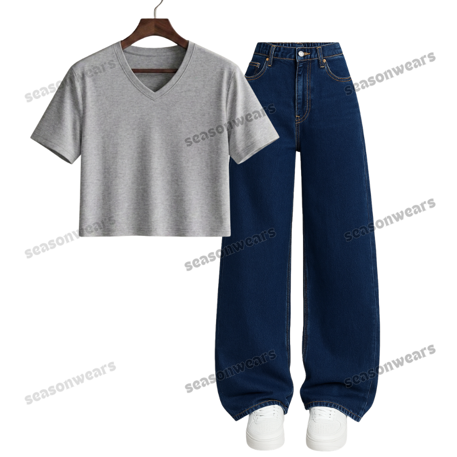 Crop V-Neck Tee With Darkblue Wide Leg Jeans