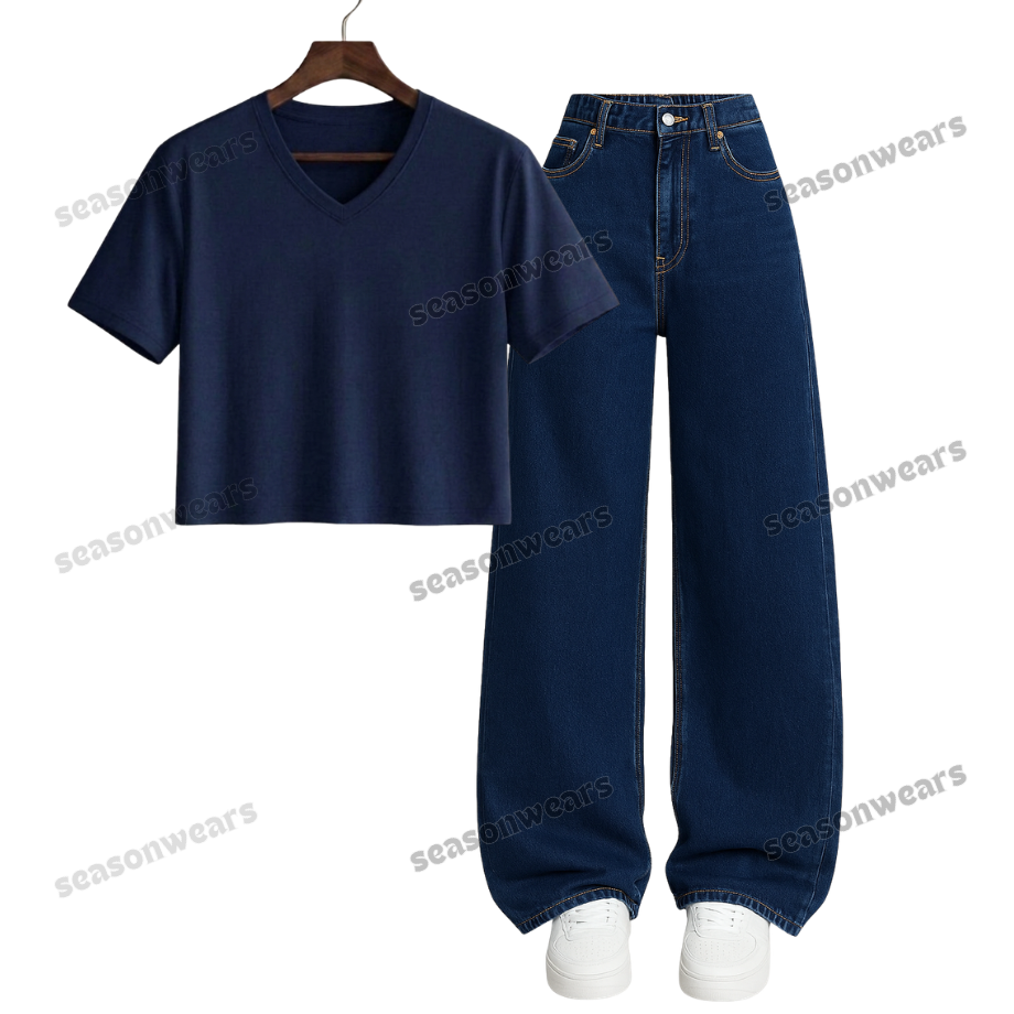 Crop V-Neck Tee With Darkblue Wide Leg Jeans