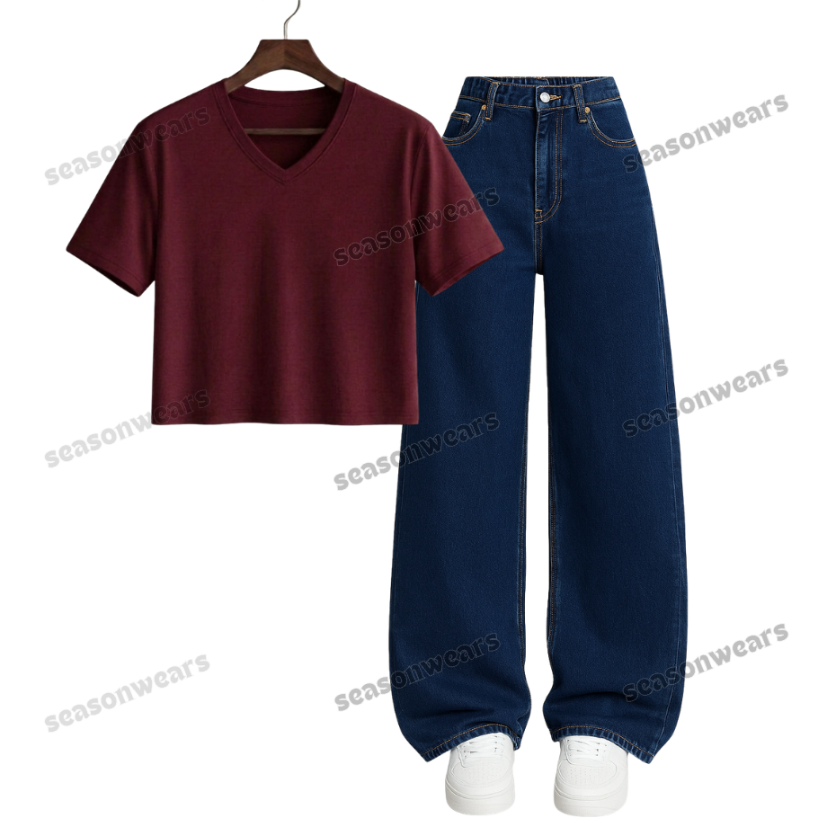 Crop V-Neck Tee With Darkblue Wide Leg Jeans