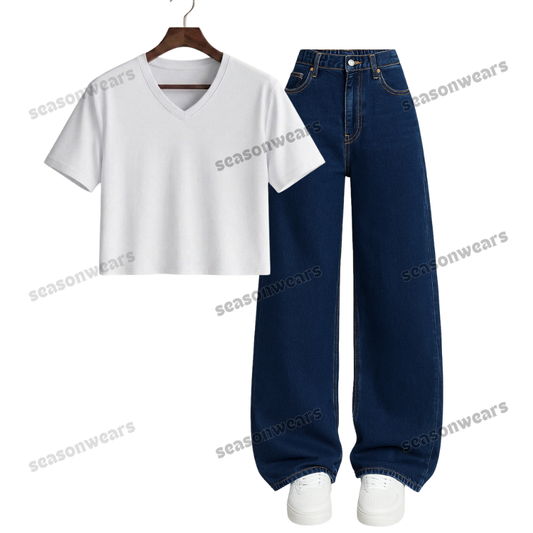 Crop V-Neck Tee With Darkblue Wide Leg Jeans