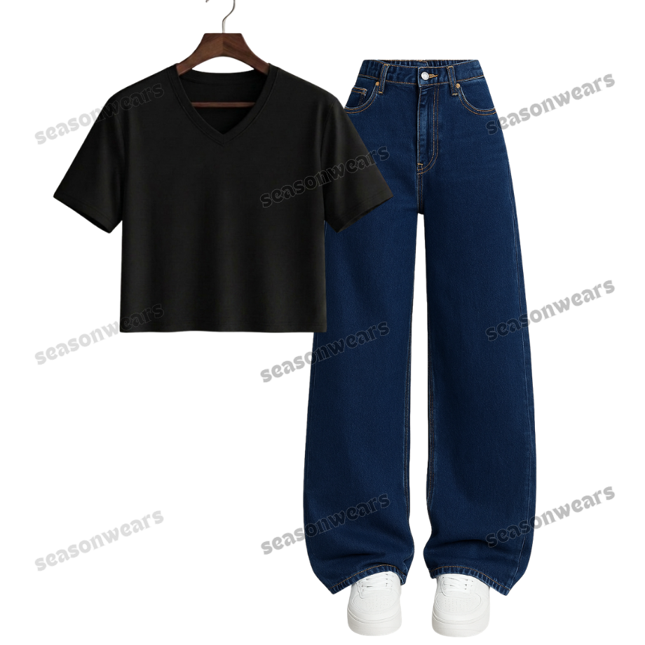 Crop V-Neck Tee With Darkblue Wide Leg Jeans