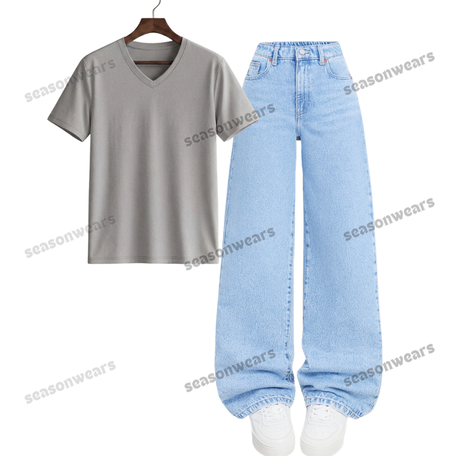 V-Neck Tee With Iceblue Wide Leg Jeans